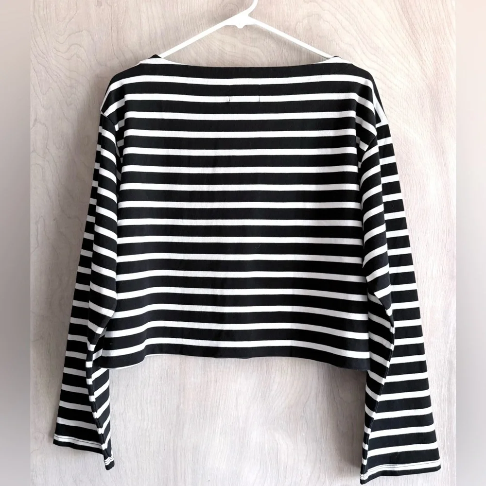 J.Crew Mariner Cotton Boatneck Tee Black White Stripe Cropped Women's M NWOT